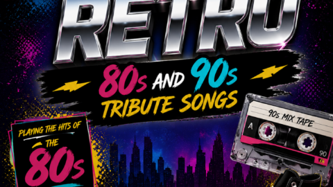 Vibrant poster for a retro 80s and 90s music tribute show with boombox, cassette, Rubik's cube, and city skyline visuals.
