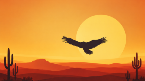 Majestic desert sunset with soaring bird, cacti silhouettes, warm inviting hues for a serene hotel getaway experience.
