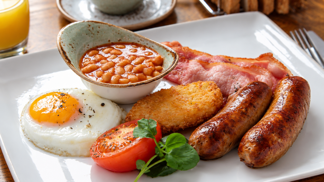 Full English breakfast with fried egg, grilled tomato, hash brown, baked beans, bacon and two sausages on a white plate, orange juice visible